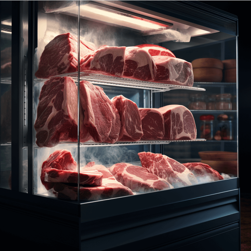 a juicy steak cut into a refrigerated environment