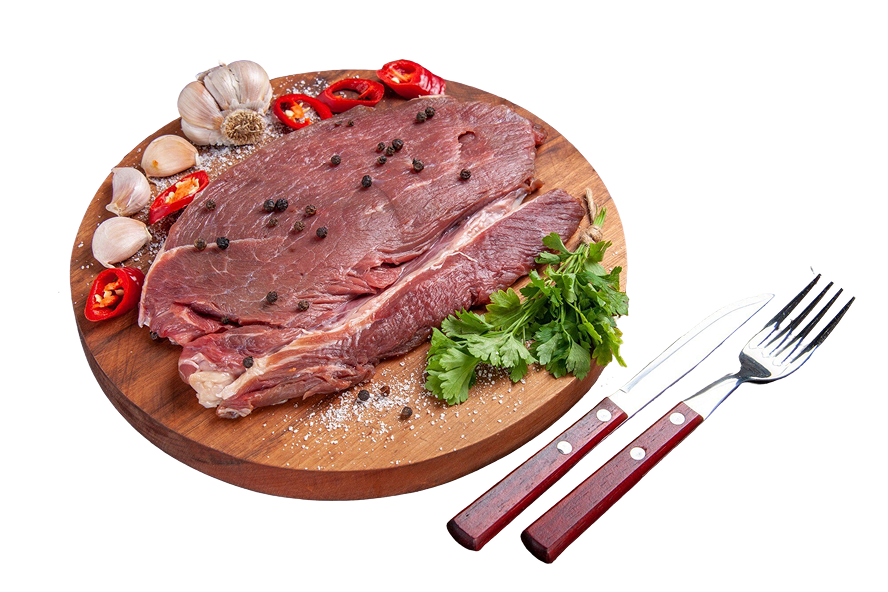 close-up-view-red-meat-wooden-tray-garlic-green-lemon-pepper-onion-fork-knife-dark-background 1