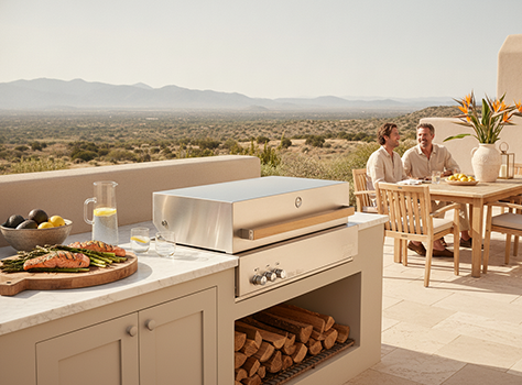 linear outdoor bbq island layout custom built with a Zwilling grill