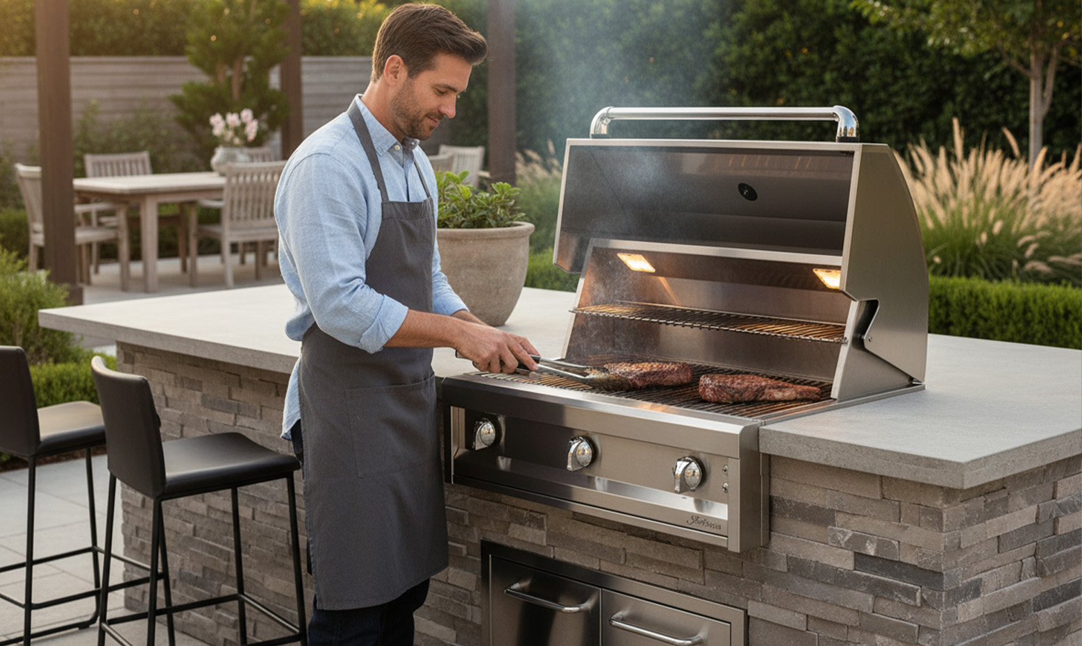 Artisan built-in grill in a custom built island