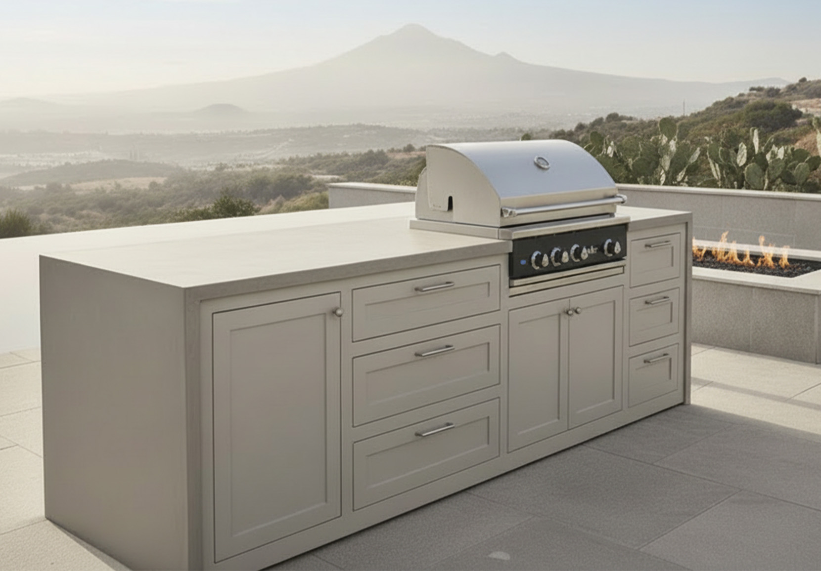 concrete counter feature image with a delta heat grill and concrete kitchen island counters