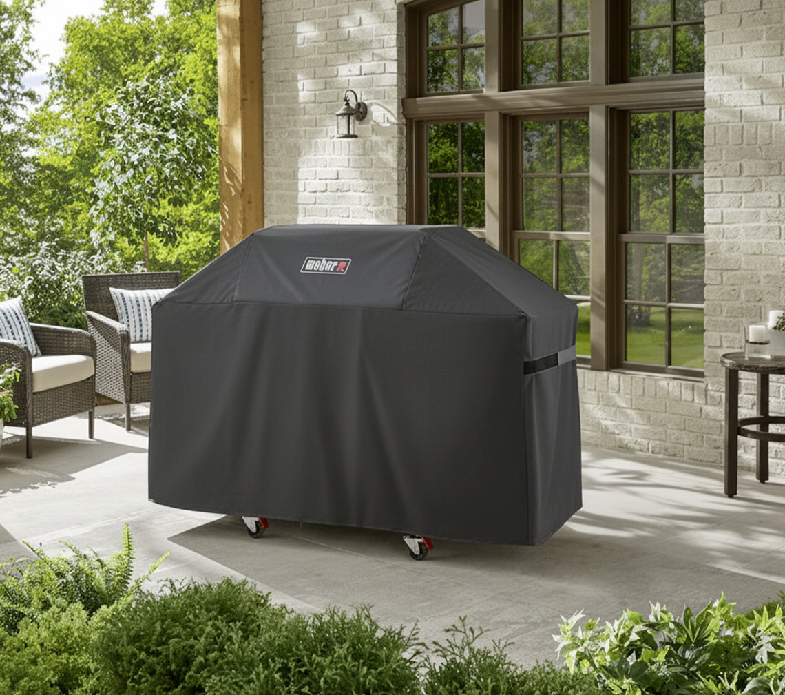 covered grill outdoors featuring a weber grill & grill cover.