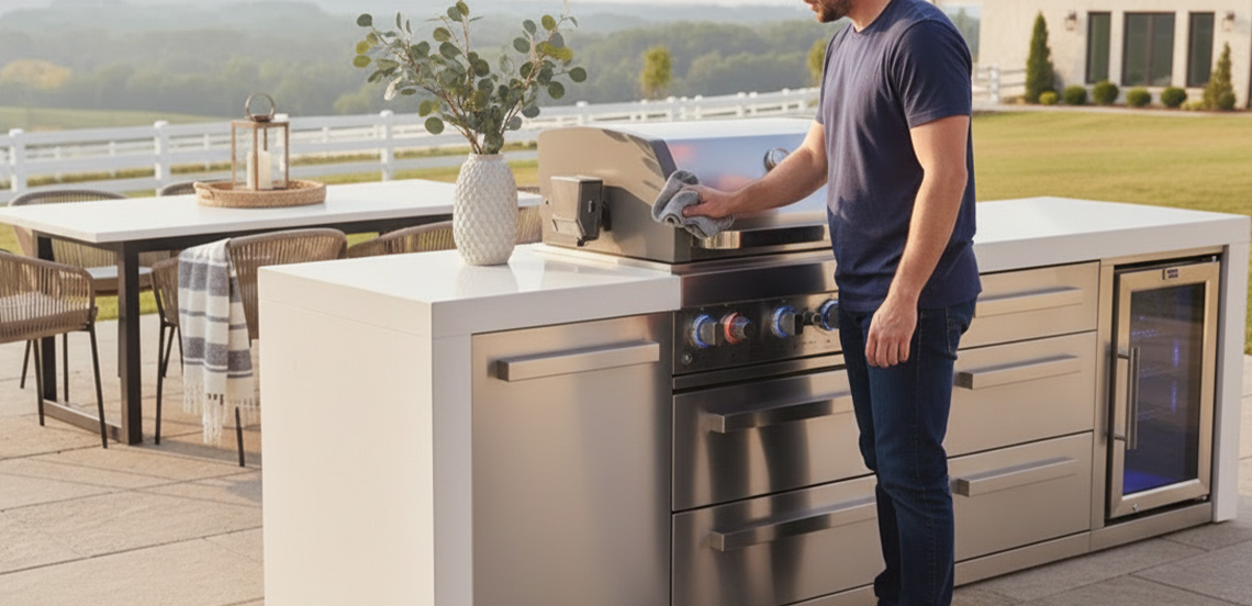 wiping down small grill parts on a mont alpi grill island