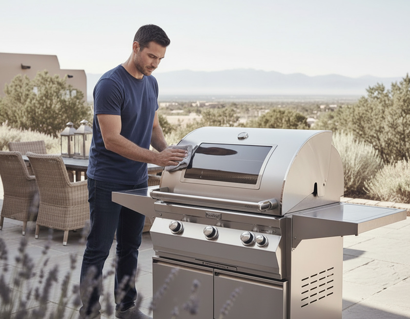 man wiping off a fire magic grill