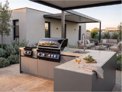 Whistler 4-Burner 126 x 61-Inch Gas Grill Island with 90-Degree Corner, Infrared Rear Burner, Sink, Double Side Burner, and Rotisserie Kit - Black Stainless