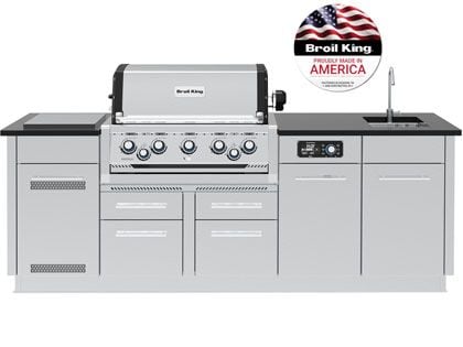 Broil King 8-Foot Outdoor Kitchen Island with Imperial QS 590i 5-Burner Gas Grill, Rotisserie, Side Burner, Sink & iQue™ Technology Control