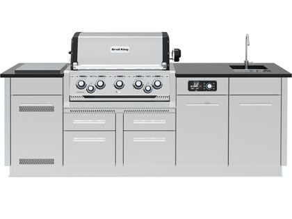 Broil King 10 1/2-Foot Outdoor Kitchen Island with Imperial QS 590i 5-Burner Gas Grill, Rotisserie, Side Burner, Sink, Refrigerator & iQue™ Technology Control