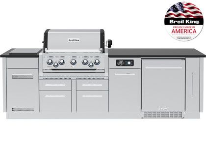 Broil King 9-Foot Outdoor Kitchen Island with Imperial QS 590i 5-Burner Gas Grill, Rotisserie, Side Burner, Refrigerator & iQue™ Technology Control