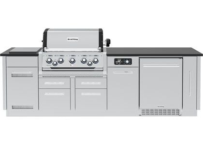 Broil King 9-Foot Outdoor Kitchen Island with Imperial QS 590i 5-Burner Gas Grill, Rotisserie, Side Burner, Refrigerator & iQue™ Technology Control