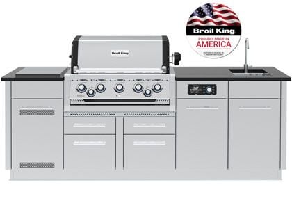 Broil King 10 1/2-Foot Outdoor Kitchen Island with Imperial QS 590i 5-Burner Gas Grill, Rotisserie, Side Burner, Sink, Refrigerator & iQue™ Technology Control
