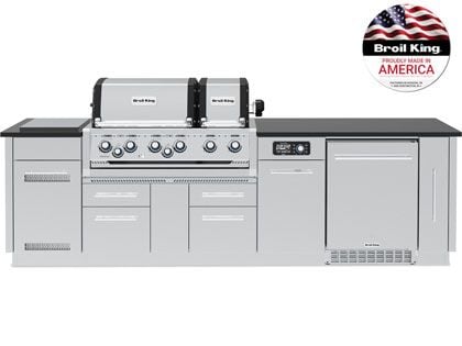 Broil King 9 3/4-Foot Outdoor Kitchen Island with Imperial QS 690i 6-Burner Gas Grill, Rotisserie, Side Burner, Refrigerator & iQue™ Technology Control