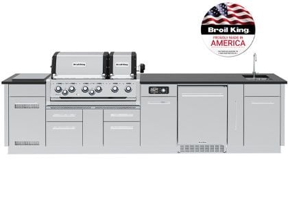 Broil King 11-Foot Outdoor Kitchen Island with Imperial QS 690i 6-Burner Gas Grill, Rotisserie, Side Burner, Sink, Refrigerator & iQue™ Technology Control