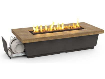 American Fyre Designs 76-Inch Reclaimed Wood Contempo LP Select Long Firetable with Black Lava Base and French Barrel Oak Table Top