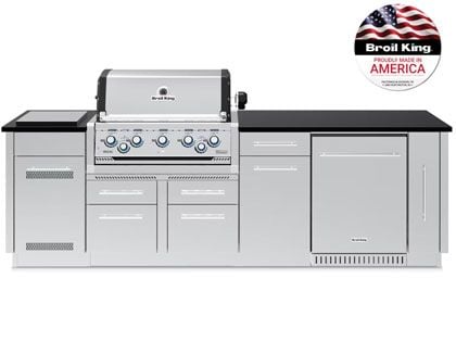 Broil King 9-Foot Outdoor Kitchen Island with Imperial S 590i 5-Burner Gas Grill, Rotisserie, Side Burner & Refrigerator