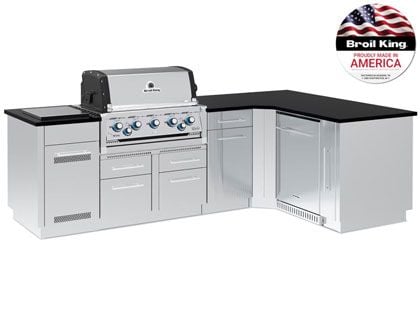 Broil King 111 x 70-Inch Outdoor Kitchen Island with Imperial S 590i 5-Burner Gas Grill, Rotisserie, Side Burner & Refrigerator
