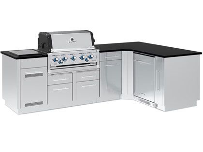 Broil King 111 x 70-Inch Outdoor Kitchen Island with Imperial S 590i 5-Burner Gas Grill, Rotisserie, Side Burner & Refrigerator