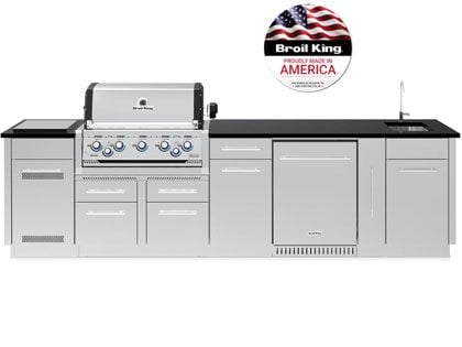 Broil King 10 1/2-Foot Outdoor Kitchen Island with Imperial S 590i 5-Burner Gas Grill, Rotisserie, Side Burner & Refrigerator