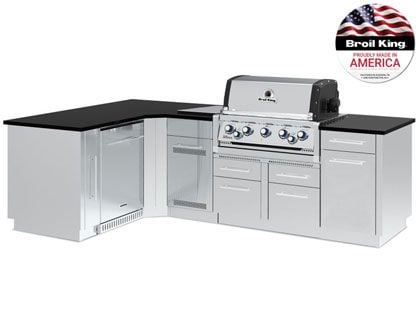 Broil King 70 x 111-Inch Outdoor Kitchen Island with Imperial S 590i 5-Burner Gas Grill, Rotisserie, Side Burner & Refrigerator