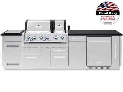 Broil King 9 3/4-Foot Outdoor Kitchen Island with Imperial S 690i 6-Burner Gas Grill, Rotisserie, Side Burner & Refrigerator