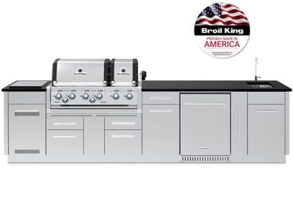 Broil King 11 1/4-Foot Outdoor Kitchen Island with Imperial S 690i 6-Burner Gas Grill, Rotisserie, Side Burner & Refrigerator