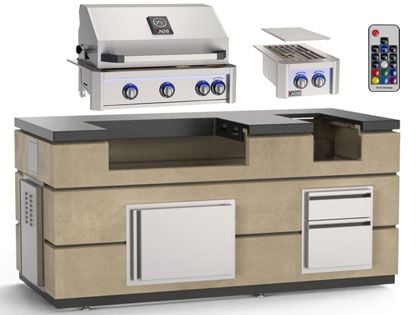 AOG 6 1/2-Foot Complete Island Package with L-Series 30-Inch 3-Burner Built-In Gas Grill & Double Side Burner - Cafe Blanco