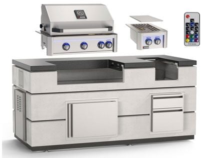 AOG 6 1/2-Foot Complete Island Package with L-Series 30-Inch 3-Burner Built-In Gas Grill & Double Side Burner - White Aspen