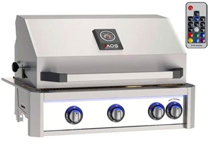 AOG L-Series 30-Inch 3-Burner Built-In Gas Grill With Rear IR Burner, Rotisserie Kit, Internal Lights & LED Multi-Color Lights - White