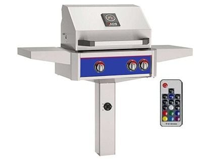 AOG L-Series 24-Inch 2-Burner Gas Grill With Rear IR Burner, Rotisserie Kit, Internal Lights & LED Multi-Color Lights on In-Ground Post Base - Many Colors