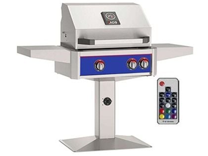AOG L-Series 24-Inch 2-Burner Gas Grill With Rear IR Burner, Rotisserie Kit, Internal Lights & LED Multi-Color Lights on Accessible Patio Post Base (Includes Hood Side Handle) - Many Colors