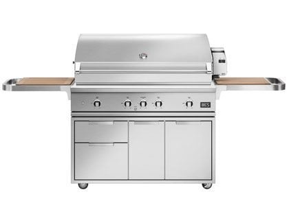 DCS Series 9 48-Inch Gas Grill with Rotisserie & Charcoal on CAD Cart with Cutting Board Side Shelves