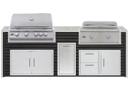Blaze 8-Foot Grill Island with 32-Inch 4-Burner Gas Grill, 30-inch 2-Burner Gas Griddle, Granite Countertop with Waterfall Granite Sides