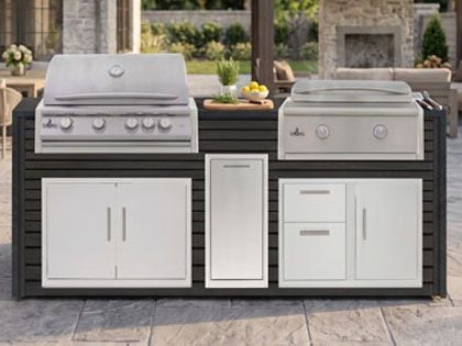 Big Ridge 8 Ft Outdoor Kitchen Island with Blaze Premium 32" Grill and 30" Griddle, Granite Countertop with Waterfall Granite Sides