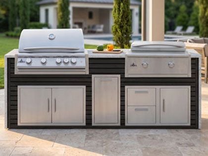 Big Ridge 8 Ft Outdoor Kitchen Island with Blaze Premium 32" Grill and 30" Griddle, Granite Countertop with Waterfall Granite Sides