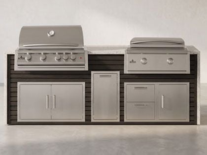 Big Ridge 8 Ft Outdoor Kitchen Island with Blaze Premium 32" Grill and 30" Griddle, Granite Countertop with Waterfall Granite Sides