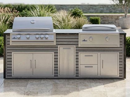 Big Ridge 8 Ft Outdoor Kitchen Island with Blaze Premium 32" Grill and 30" Griddle, Granite Countertop with Waterfall Granite Sides