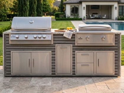 Big Ridge 8 Ft Outdoor Kitchen Island with Blaze Premium 32" Grill and 30" Griddle, Granite Countertop with Waterfall Granite Sides