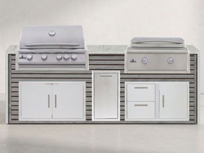 Big Ridge 8 Ft Outdoor Kitchen Island with Blaze Premium 32" Grill and 30" Griddle, Granite Countertop with Waterfall Granite Sides