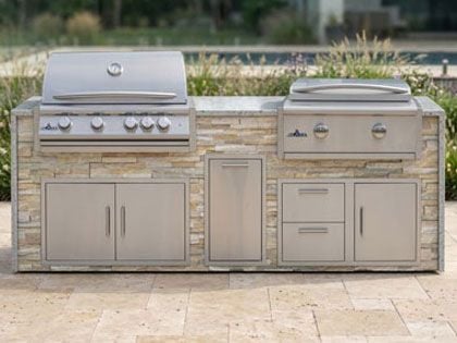Big Ridge 8 Ft Outdoor Kitchen Island with Blaze Premium 32" Grill and 30" Griddle, Granite Countertop with Waterfall Granite Sides