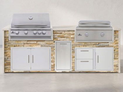 Big Ridge 8 Ft Outdoor Kitchen Island with Blaze Premium 32" Grill and 30" Griddle, Granite Countertop with Waterfall Granite Sides