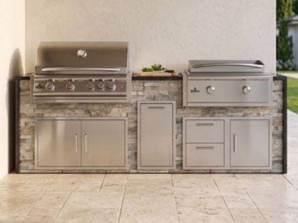 Big Ridge 8 Ft Outdoor Kitchen Island with Blaze Premium 32" Grill and 30" Griddle, Granite Countertop with Waterfall Granite Sides
