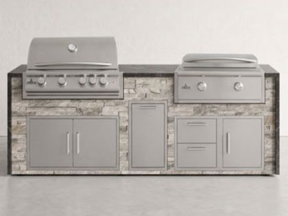 Big Ridge 8 Ft Outdoor Kitchen Island with Blaze Premium 32" Grill and 30" Griddle, Granite Countertop with Waterfall Granite Sides