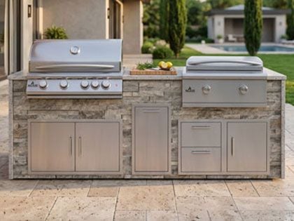 Big Ridge 8 Ft Outdoor Kitchen Island with Blaze Premium 32" Grill and 30" Griddle, Granite Countertop with Waterfall Granite Sides