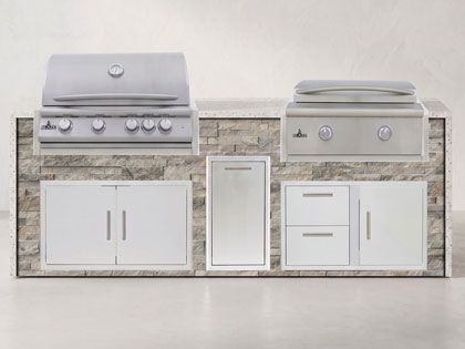 Big Ridge 8 Ft Outdoor Kitchen Island with Blaze Premium 32" Grill and 30" Griddle, Granite Countertop with Waterfall Granite Sides