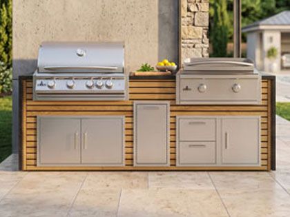 Big Ridge 8 Ft Outdoor Kitchen Island with Blaze Premium 32" Grill and 30" Griddle, Granite Countertop with Waterfall Granite Sides