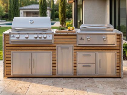 Big Ridge 8 Ft Outdoor Kitchen Island with Blaze Premium 32" Grill and 30" Griddle, Granite Countertop with Waterfall Granite Sides