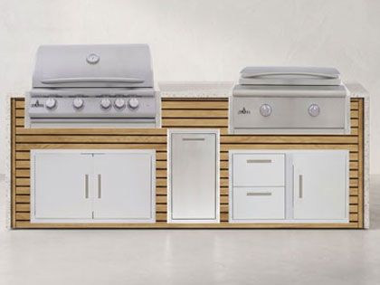 Big Ridge 8 Ft Outdoor Kitchen Island with Blaze Premium 32" Grill and 30" Griddle, Granite Countertop with Waterfall Granite Sides