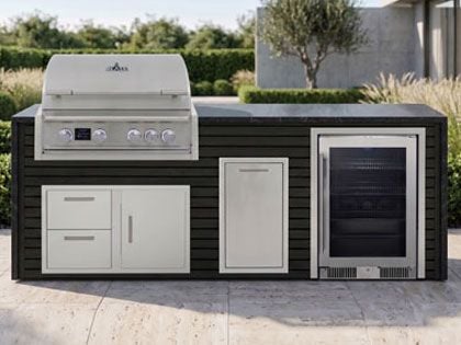 Big Ridge Waterfall 8 Ft Outdoor Kitchen Island with Blaze Premium 32" Grill, Refrigeration, Trash Drawer, Granite Countertop with Waterfall Granite Sides