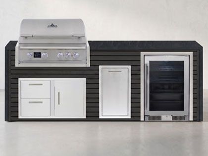 Big Ridge Waterfall 8 Ft Outdoor Kitchen Island with Blaze Premium 32" Grill, Refrigeration, Trash Drawer, Granite Countertop with Waterfall Granite Sides