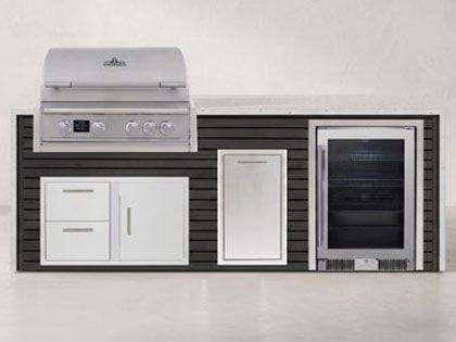 Big Ridge Waterfall 8 Ft Outdoor Kitchen Island with Blaze Premium 32" Grill, Refrigeration, Trash Drawer, Granite Countertop with Waterfall Granite Sides