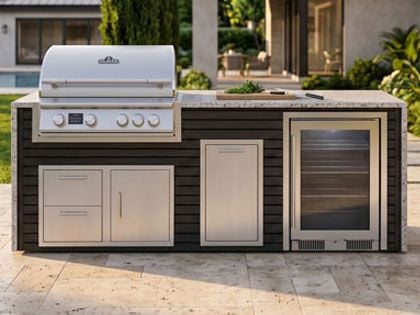 Big Ridge Waterfall 8 Ft Outdoor Kitchen Island with Blaze Premium 32" Grill, Refrigeration, Trash Drawer, Granite Countertop with Waterfall Granite Sides